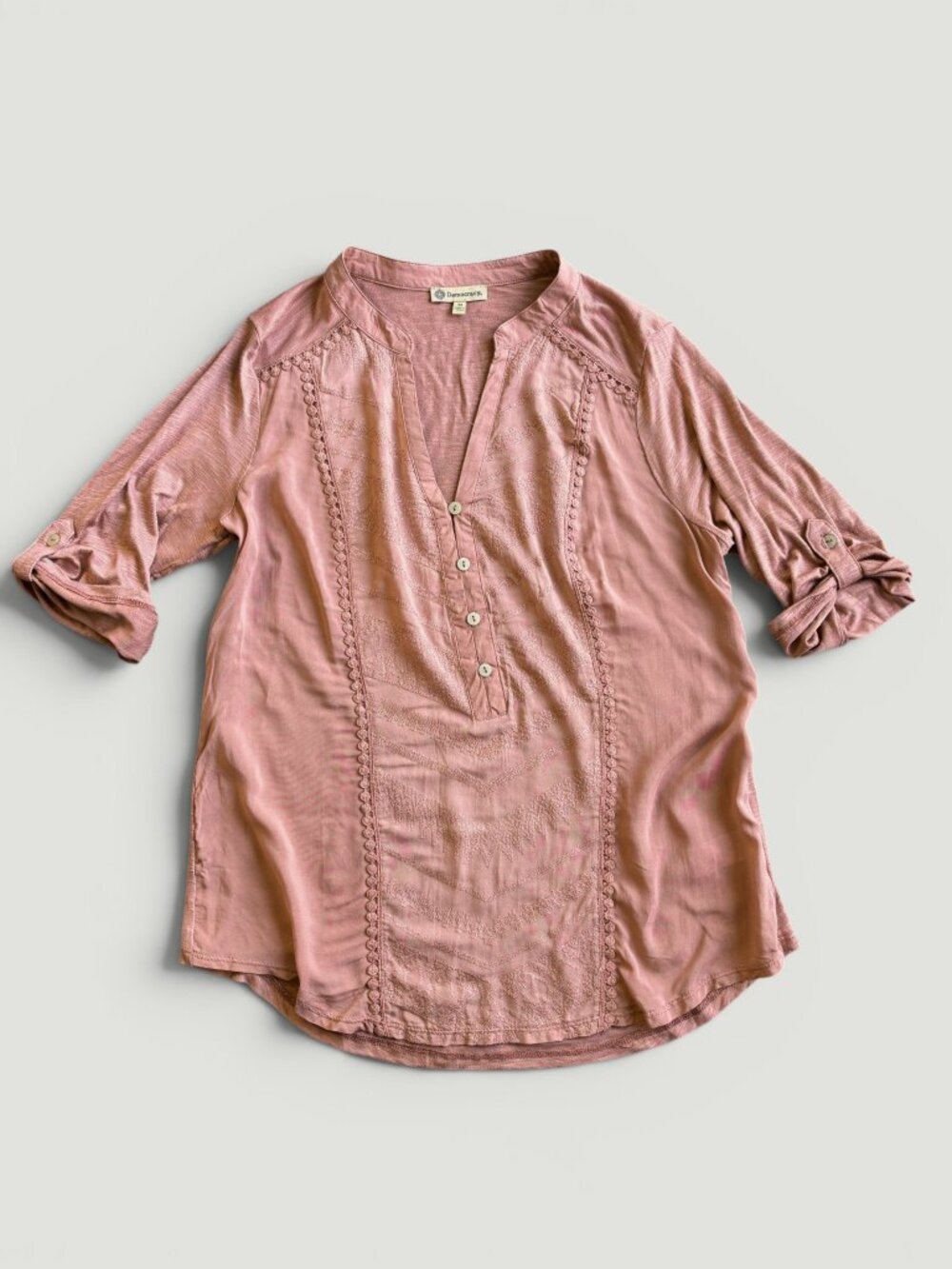 Democracy Embroidered Roll Tab Sleeve Henley Top Dusty Coral Size M